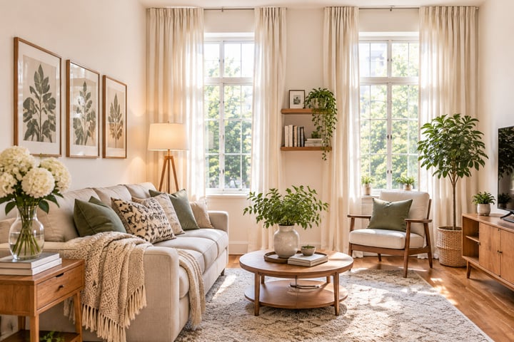Curtains hung high and wide to make small living room feel taller Curtains hung high and wide to make small living room feel taller