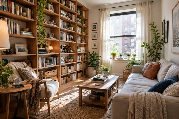 Floor-to-ceiling shelving maximizing vertical storage in compact living room Floor-to-ceiling shelving maximizing vertical storage in compact living room