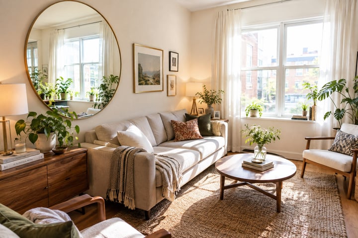 Large round mirror reflecting window light in small living room Large round mirror reflecting window light in small living room